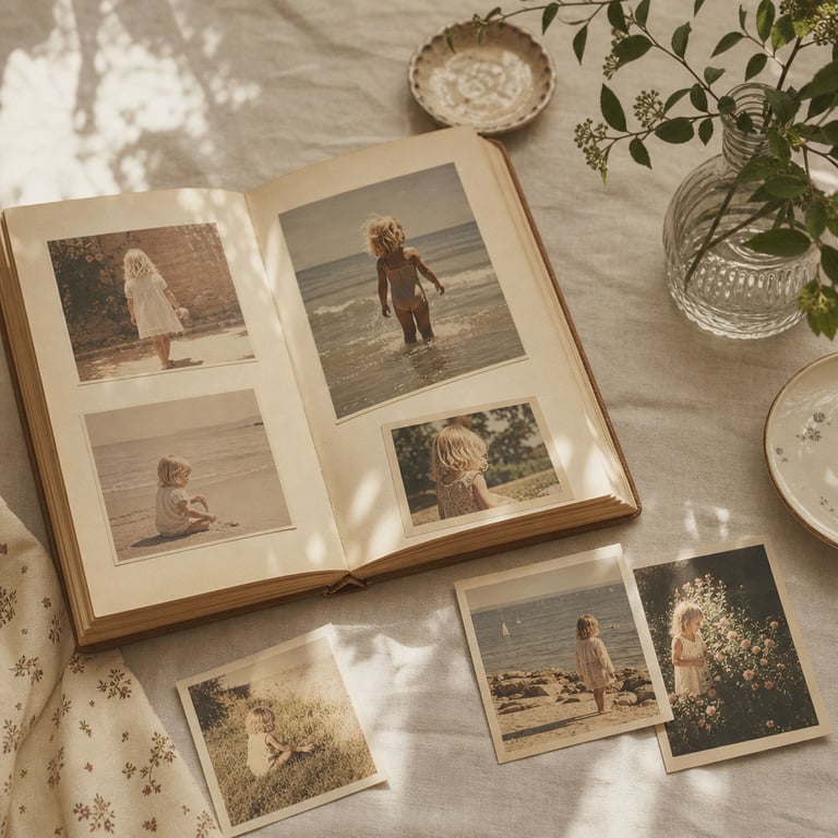 An open family photo album with faded photographs of a blonde child