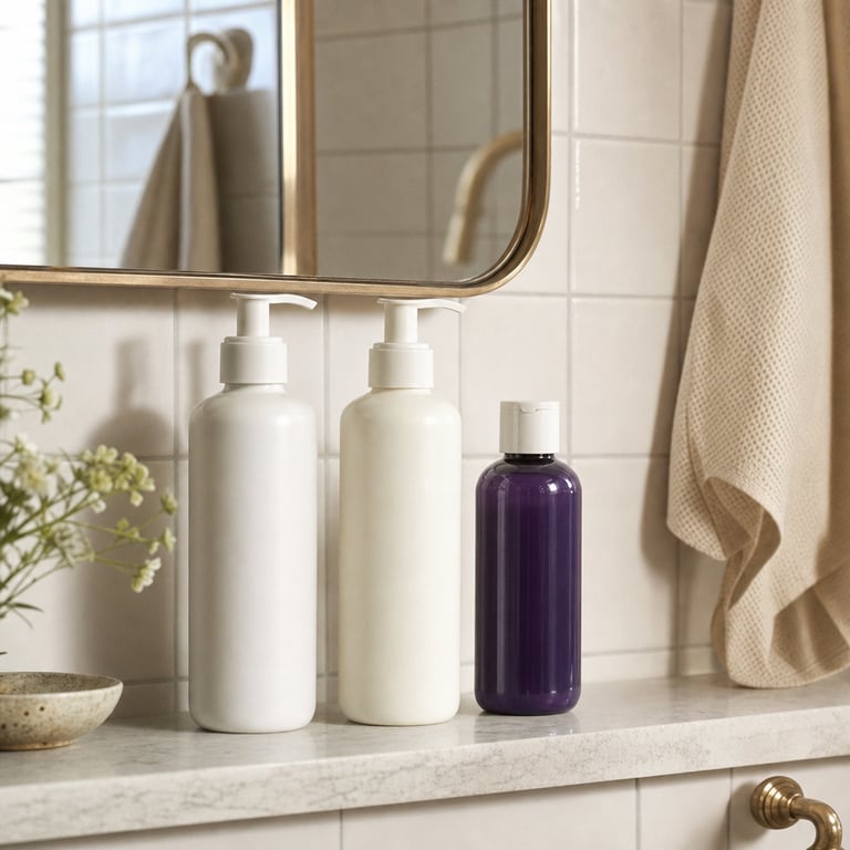 Generic unbranded shampoo and conditioner bottles lined up on a bathroom shelf
