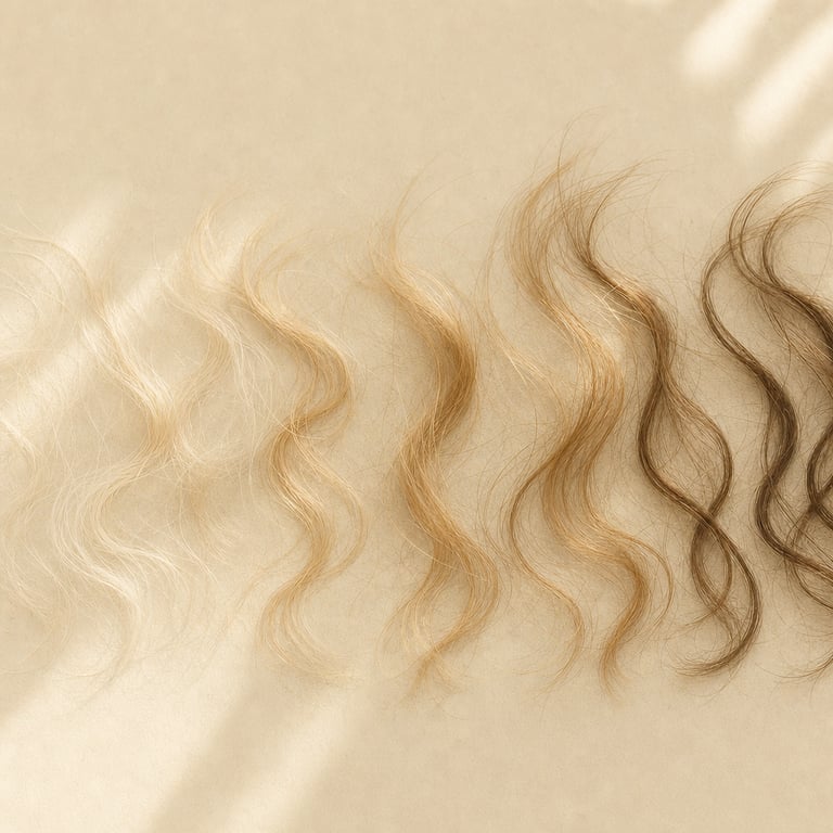 Hair strands arranged in a gradient from pale childhood blonde to darker adult blonde