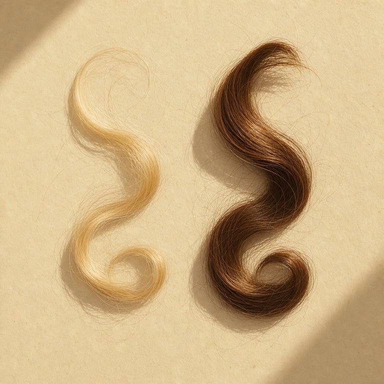 Macro photo of a fine pale hair strand next to a thicker darker strand