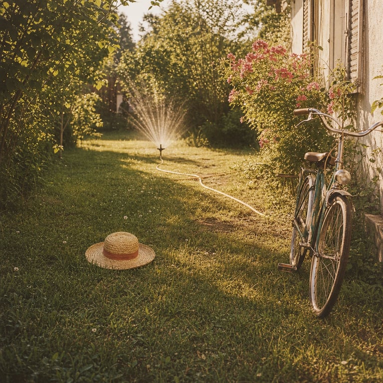A sun-drenched backyard with a straw hat and bicycle, the long light of a childhood summer